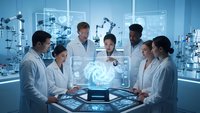 Medical team analyzing holographic data in futuristic laboratory with advanced technology and digital interfaces for healthcare innovation.