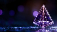 Glowing digital cryptocurrency symbol with network connections on dark background with bokeh lights, modern financial technology concept.