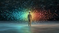 Human silhouette standing before swirling particle cloud with blue and orange light effects on dark background for digital art and technology concepts.