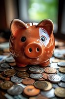 Ceramic brown piggy bank surrounded by scattered coins on wooden surface, shallow depth of field creates soft background blur, symbolizing savings and financial planning.