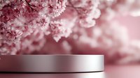 Pink cherry blossom branches create dreamy backdrop for elegant cylindrical podium display stand, soft bokeh lighting enhances romantic spring atmosphere.