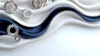 Abstract mechanical background with metallic gears and smooth flowing waves in navy blue and silver gray colors, featuring dynamic curves and industrial elements.