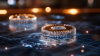Metallic gear wheels on circuit board with glowing elements and bokeh lights creating futuristic industrial technology concept for engineering designs.