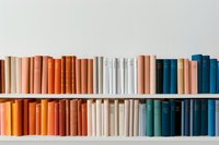 Colorful books arranged by hue on white shelves, creating a rainbow spectrum from orange to blue tones against a minimalist wall background.