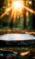 Sunlight streaming through forest trees illuminates stone platform on mossy ground with fallen autumn leaves, creating magical atmosphere for product display.