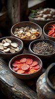 Traditional Chinese medicine ingredients in wooden bowls, including dried red herbs, wild mushrooms and roots on rustic wooden surface in moody lighting.