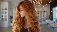 Young Caucasian woman with long wavy auburn hair in profile view inside modern bright interior with bokeh lights background for beauty and lifestyle concepts.