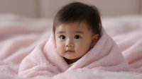 Asian baby wrapped in soft pink blanket looking at camera with innocent expression against pink background, perfect for parenting and childcare concepts.