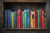 Vintage hardcover books in various colors arranged on rustic wooden shelf, spines showing classic literature collection against dark wood background.