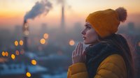 Young woman in yellow winter jacket and knit beanie praying at sunset, city bokeh lights and industrial chimneys in background, atmospheric moody portrait.
