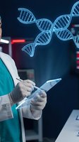 Female scientist using tablet with holographic DNA double helix projection in modern laboratory for genetic research and biotechnology applications.