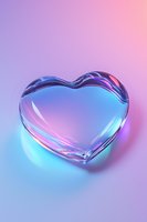 Translucent glass heart shape with iridescent reflections on gradient pink and purple background, glowing with blue light. Modern romantic concept art.