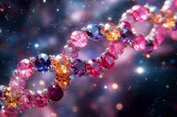 Sparkling DNA helix structure made of pink, blue and amber crystals against dark cosmic background with glowing particles and bokeh lights creates magical atmosphere.
