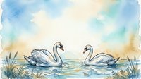 Two swans glide gracefully across calm water in soft watercolor style, surrounded by reeds and natural wetland vegetation in serene landscape setting.