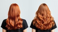 Young woman with long wavy copper red hair shown from behind in two variations wearing black t-shirt against light background, demonstrating professional hair coloring result.
