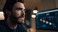 Caucasian man with beard concentrating on financial data displayed on computer screen in dimly lit office environment.