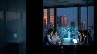 Business team analyzing holographic data projections in modern conference room during evening meeting with city skyline view through windows.