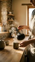 Woman pouring steaming hot tea from traditional cast iron teapot into ceramic cup in cozy rustic kitchen with warm natural lighting and stone wall background.