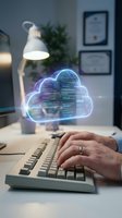 Businessman hands typing on keyboard with glowing holographic cloud computing interface displaying code and data in modern office workspace.
