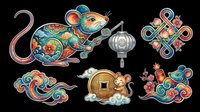 Colorful decorative rat with ornamental patterns, lantern, and Asian-inspired design elements isolated on transparent background. Ready for t-shirt design, clipart, stickers, sublimation, and print-on-demand projects.