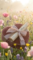 Heart-shaped velvet gift box with love scroll and ribbon in a sunny wildflower meadow with pink poppies and lavender blooms.