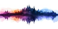 Watercolor landscape silhouette with forest trees reflected in calm lake water at sunset, purple and orange gradient sky for modern wall art.