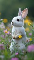 White rabbit standing upright among colorful wildflowers in spring garden setting, soft natural lighting highlights fluffy fur and alert expression against blurred floral background.