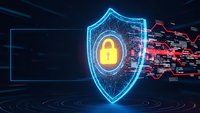 Digital cybersecurity shield with glowing padlock protecting against red cyber attack data streams on dark futuristic technology background.