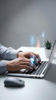 Male professional in light blue shirt working on laptop with holographic data analytics charts floating above keyboard, representing digital technology, business intelligence and financial growth.
