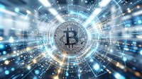 Bitcoin cryptocurrency coin with futuristic digital network circles and glowing data streams for blockchain technology and financial innovation concepts.