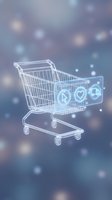 Transparent shopping cart with glowing digital icons on blurred bokeh background for ecommerce and online retail technology concepts.