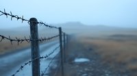 Barbed wire fence stretches across misty rural landscape at dawn, creating atmospheric boundary line with selective focus on sharp metal barbs and foggy background.