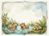Watercolor capybara family relaxing by pond with decorative border frame for nursery decor and children's illustration projects.