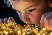 Young child with freckles examining shimmering gold glitter in dramatic lighting, creating magical atmosphere with bokeh effects and soft focus close-up portrait.