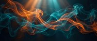 Abstract flowing smoke waves in vibrant orange and turquoise colors creating dynamic energy patterns against dark background for modern design projects.