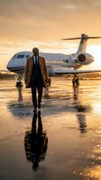 Confident African American businessman in suit walking away from private jet at sunset with dramatic reflection on wet tarmac for luxury travel concepts.