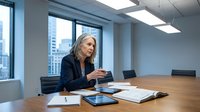 Mature woman with gray hair and light complexion, wearing dark blazer, sitting at wooden conference table in modern office with city skyline view, surrounded by digital tablets and documents, appearing engaged in business meeting or presentation.