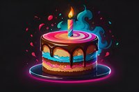 Vibrant neon birthday cake with chocolate drip glaze, glowing candle and mystical blue smoke on dark background, modern digital art style celebration design.