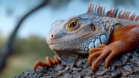Close-up portrait of green iguana head with orange eye and scaly skin texture showing detailed reptilian features against natural blurred background.