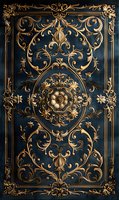 Luxurious golden baroque ornament on deep blue background featuring intricate floral patterns, scrollwork, and central medallion with rose motif. Classical European design.