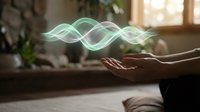Hands cupped presenting glowing green energy waves in modern living room setting for wellness meditation and spiritual healing concepts.