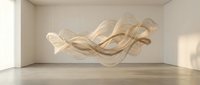 Abstract flowing fabric sculpture suspended in minimalist gallery space with natural lighting creating dynamic shadows on white walls and wooden floor.