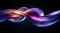 Luminous flowing abstract waves in purple, blue and orange colors creating dynamic spiral pattern on black background, modern digital art design element.