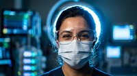 Female healthcare professional wearing surgical mask and glasses in modern medical facility with blue lighting and digital displays.