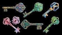 Colorful ornate fantasy keys set isolated on transparent background, ready for stickers, t-shirt design, clipart, print on demand, and sublimation projects.