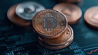 Stack of copper-colored cryptocurrency coins on digital circuit board background with dramatic lighting and shallow depth of field for financial technology concept.