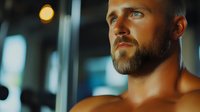 Muscular bearded Caucasian male with intense gaze looking up, dramatic lighting highlights defined facial features and bare shoulders, moody atmospheric portrait.