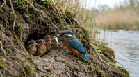 Kingfisher bird family with chicks in natural nest burrow along riverbank. Wildlife photography showing parent feeding young birds in wetland habitat.