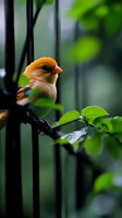 Small orange songbird perched on black fence with green foliage in soft focus background creating peaceful garden scene for nature photography projects.