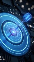 Digital dart hitting glowing target with concentric circles and circuit board background, representing precision, technology, and successful business strategy for corporate presentations.